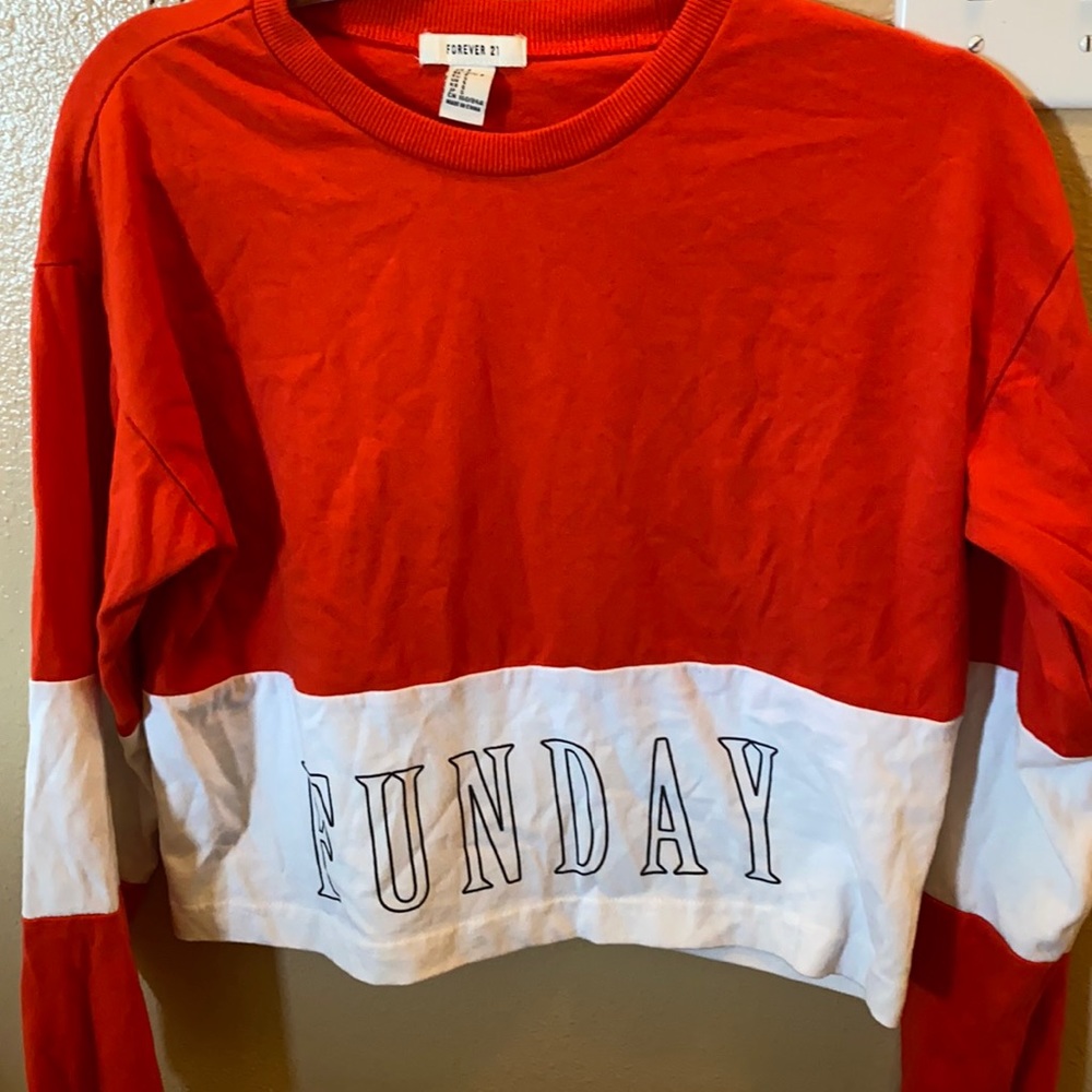 Long sleeve Red and White Funday Sweatshirt.
